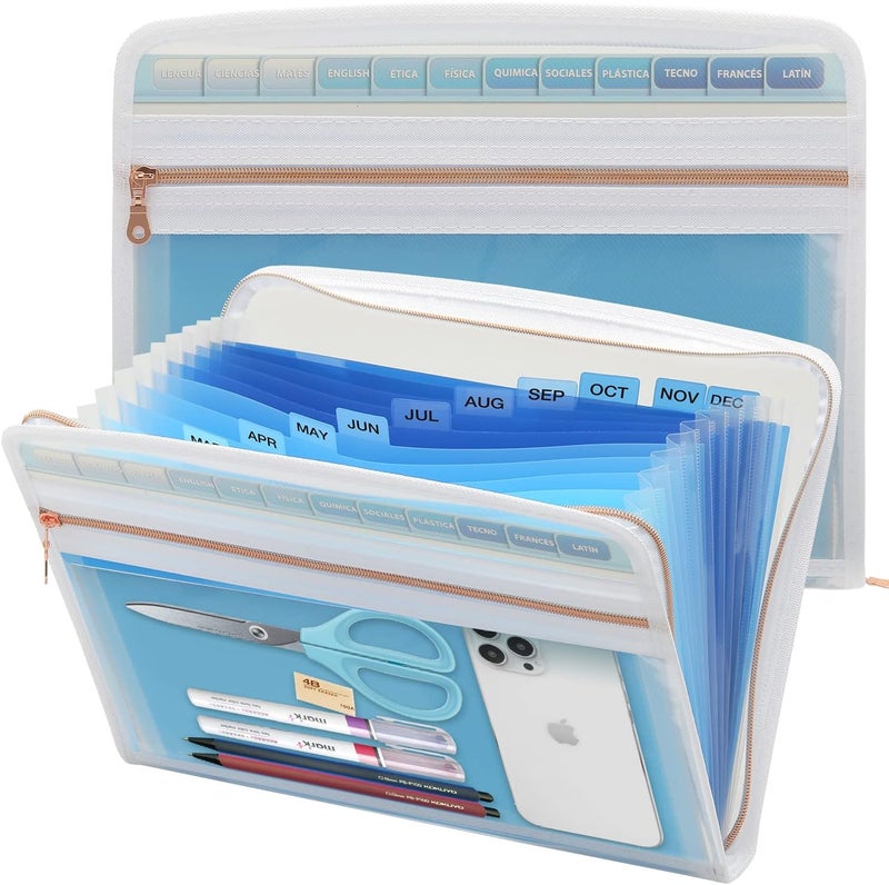 mukawa 13 Pocket Zippered Expanding File, Zippered Accordion File Organizer, Accordion Folder with Zipper for Documents Letter Size A4 Papers (Blue) - Image 1